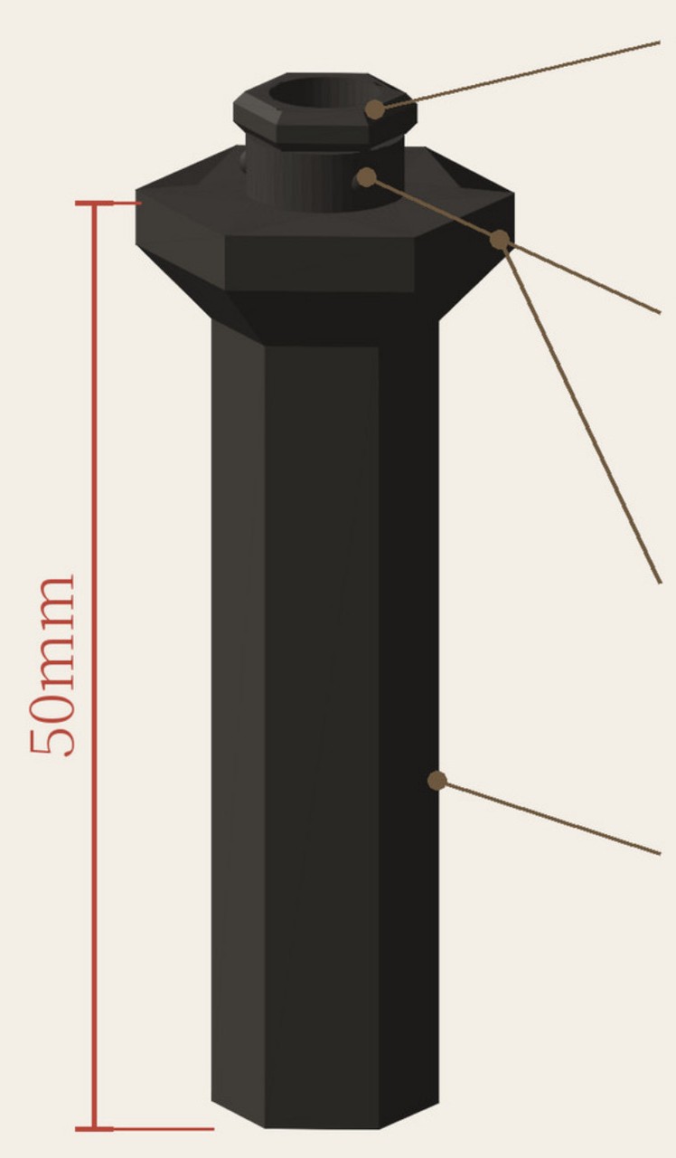 Schema des Twist-Lock-Standfußes – Kopf, Klick-Noppe, Schulterplatte und Schaft, mit Maßlinie für 50 mm